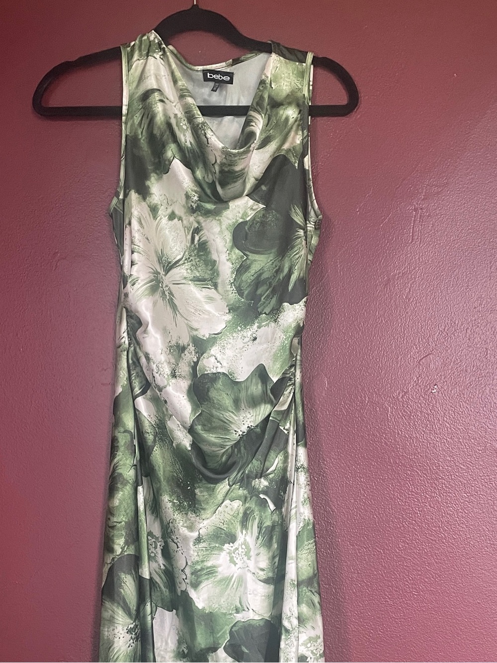 bebe Green and White Floral Cowl-Neck Maxi Dress